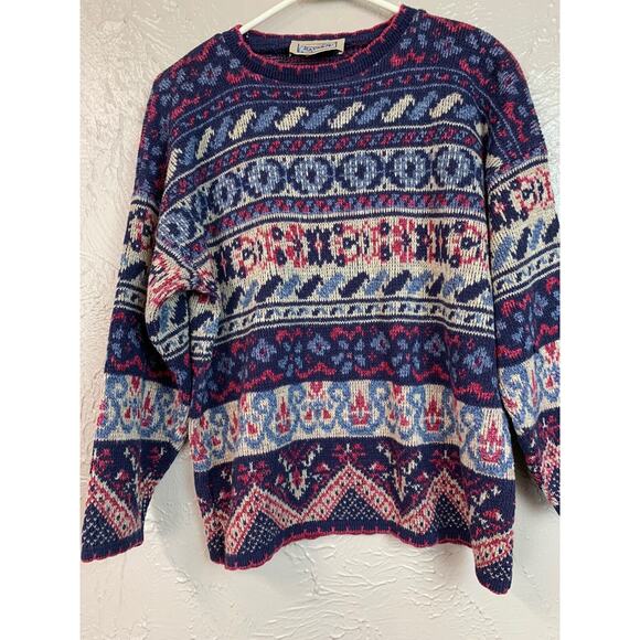 Sasson Vintage Womens Sweater Blue White Crew Neck Size Large Made in USA - Picture 1 of 4